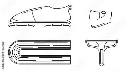 Bobsleighing Gear: Outlines of bobsleigh equipment, including a sleek bobsleigh, a starting block, and ice track.