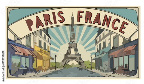 Retro Paris France Street Cafe Eiffel Tower Poster Vector