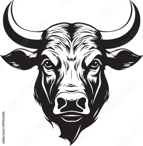 Detailed illustration of a bull's head, showing muscle definition and powerful presence.