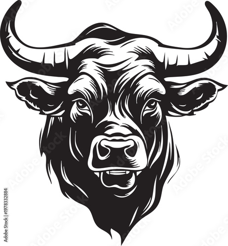Black and white depiction of a charging bull's head, full of anger and aggression.