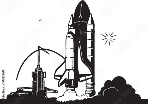 Space shuttle launch ignition from launch pad with smoke and bright star burst.