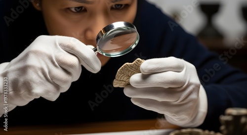 Archaeologist Examining Ancient Artifact with Magnifying Glass