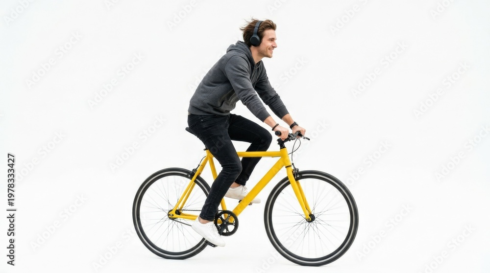 Naklejka premium A man with headphones riding a trendy yellow bike and listening to music, isolated on white background, urban motion and carefree modern lifestyle energy, ultra-realistic, no logos.