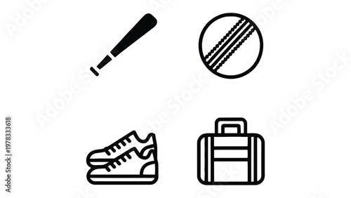 Sport Icon Set: A minimalistic collection of sports-related icons including a baseball bat, ball, gym bag, and athletic shoes, symbolizing essential elements of athletic activity.