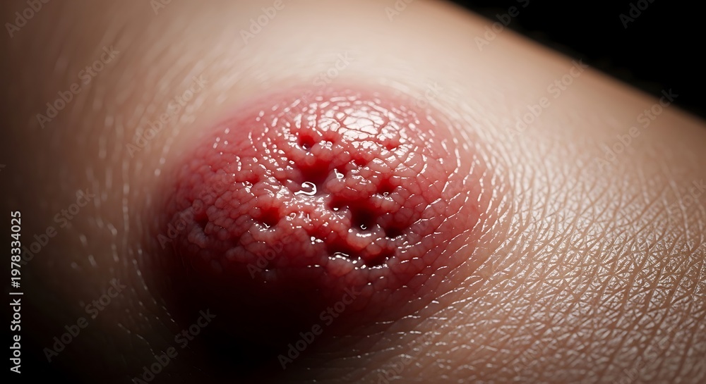 Fototapeta premium Close-up macro shot of a small, inflamed, blistered rash on human skin, indicative of a skin irritation or infection