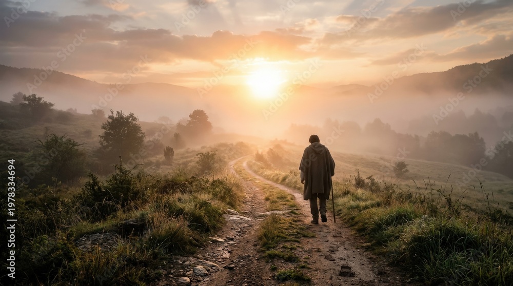 Obraz premium Resurrection concept with glowing sunrise light at the end of a misty path, soft haze, subtle landscape textures and uplifting symbolism, hopeful faith-filled atmosphere, ultra-realistic, no logos.