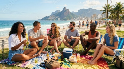 A group of friends enjoying a summer afternoon outdoors in Rio de Janeiro, casual clothes, bright sunshine and easygoing social energy, ultra-realistic, no logos.