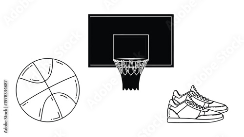 Basketball Elements: A black and white depiction of a basketball, a backboard with net, and a pair of sneakers.