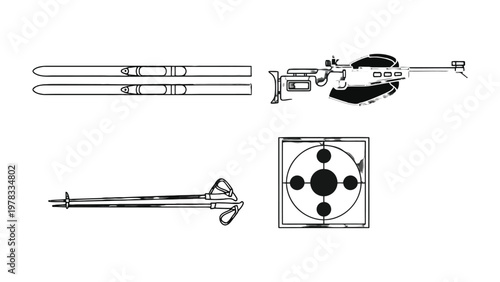 Biathlon Gear Overview: A comprehensive overview of essential biathlon equipment including skis, a rifle, poles, and a target, all meticulously laid out.