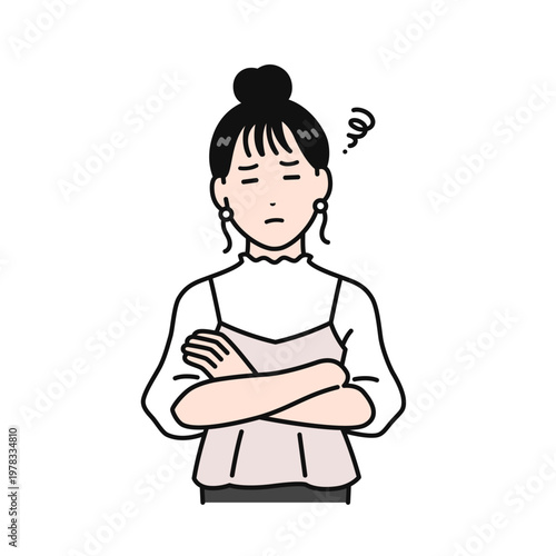 腕組みをして悩むまとめ髪の若い女性のシンプルなベクターイラスト素材