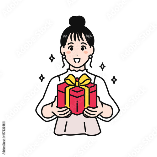 プレゼントを貰うまとめ髪の若い女性のシンプルなベクターイラスト素材