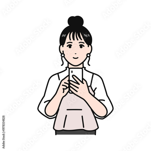 スマホを見るまとめ髪の若い女性のシンプルなベクターイラスト素材