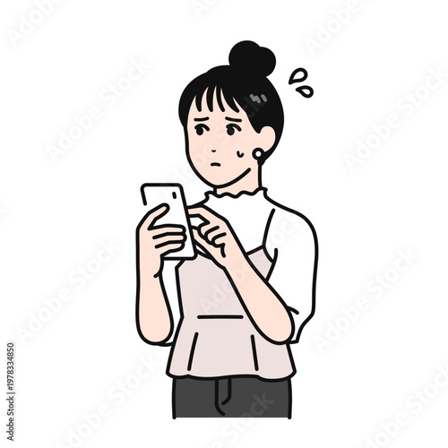 スマートフォンを見て困っているまとめ髪の若い女性のシンプルなベクターイラスト素材