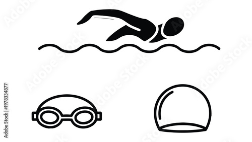 Swimming Elements: An iconic image of a swimmer in action, complemented by swimming goggles and a cap, all rendered in a clean, minimalist style. Evoking the spirit of aquatic sports and fitness