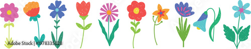 Colorful hand drawn spring flower set vector. Cute cartoon wildflowers including tulip, daisy, bluebell and poppy with stems and leaves, perfect for seasonal and nature designs.