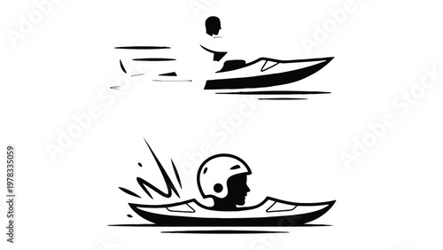 Water Sports Adventure: Dynamic black and white illustrations depict the thrill of water sports, showcasing a high-speed jet ski adventure and an individual engaged in kayaking.