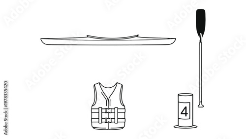 Kayaking essentials: Minimalist illustration of a kayak, paddle, life vest, and a canister, perfect for outdoor adventures and water sports. 