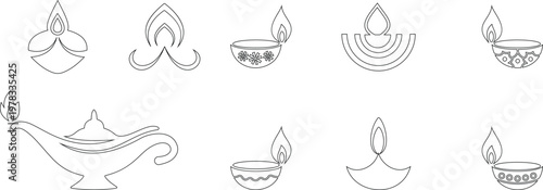 Diya lamp icon set collection group, traditional oil light, candle flame, festival diya, decorative lamp symbols in black flat and line style vector, celebration lighting icons pack
