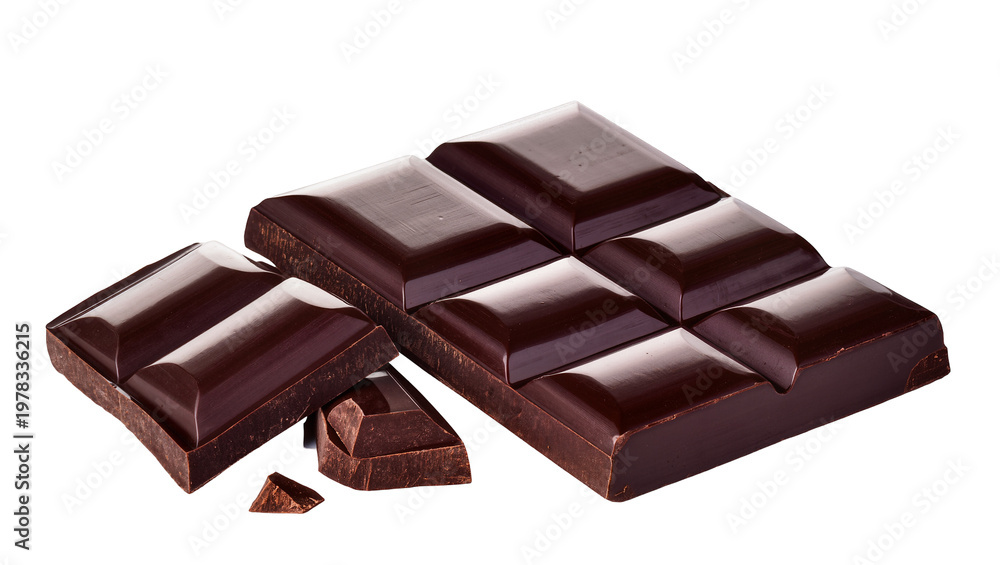 Fototapeta premium Dark chocolate bar pieces with glossy surface, isolated on transparent background