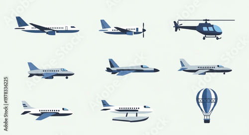 Collection of various aircraft and a hot air balloon.