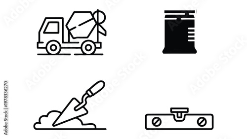 Construction Icons: A collection of minimalist line art icons representing essential tools and elements in the construction industry. The set features a cement mixer, a barrel, a trowel, and a level.