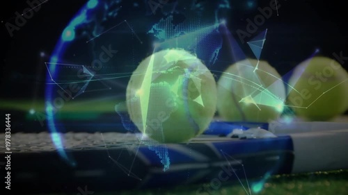 Tennis ball being highlighted on racket net in 3D render with holographic globe and network lines