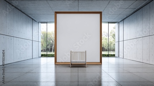 Minimalist interior space features large empty frame and small wooden infant bed