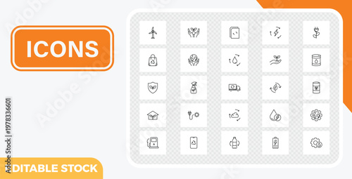 Set of 25 thin line eco-friendly and sustainable energy icons