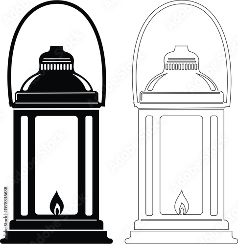 Vintage lantern lamp icon set collection group, oil lamp, hurricane lantern, kerosene light, antique lighting vector in black flat and line style, classic illumination symbols pack