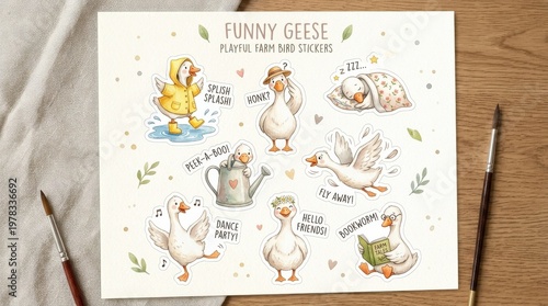 A cute goose sticker set with funny farm bird poses, soft watercolor texture and playful nursery energy, ultra-realistic, no logos.