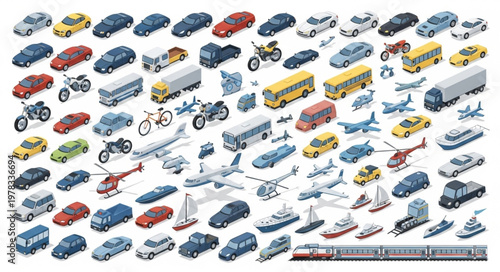 Collection of various transportation vehicles and modes isometric illustration.