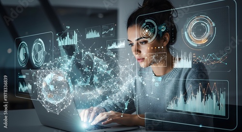 Data Analysis and Technology: Woman Working on Laptop with Futuristic Interface
