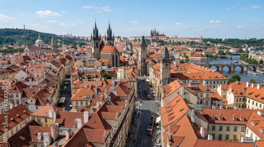 Obraz premium Elevated view of rooftops in Prague's old town, red tiles, winding streets, historic spires, layered cityscape, crisp daylight and timeless European charm, ultra-realistic, no logos.