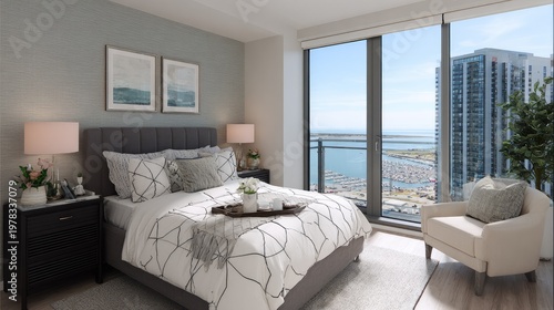 Contemporary bedroom suite features high-rise balcony views overlooking a waterfront marina.