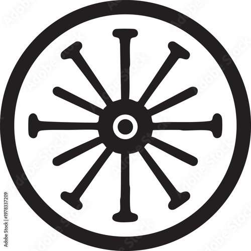Drawn wheel icon with circular frame and thin spoke detail black and white symbol design.