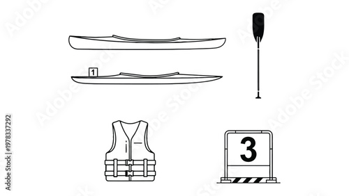 Kayak Essentials and Equipment: A minimalist depiction of kayak and essential gear, inviting adventure and exploring water.