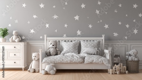 Serene nursery room interior decorated with soft bedding and stuffed animals under a starlit wall