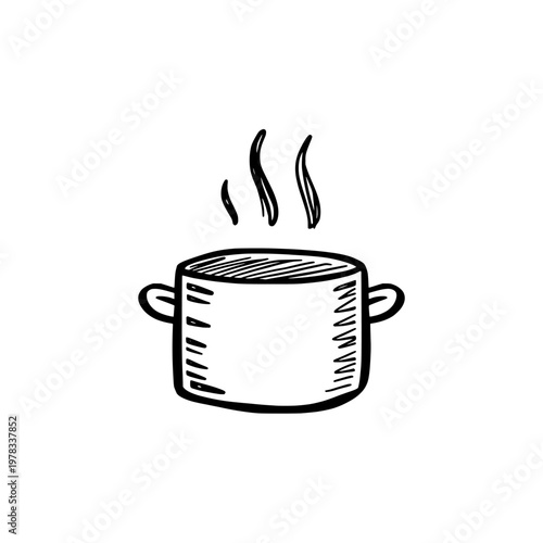 Cooking pot icon logo design. Kitchen stew pan sign and symbol. Hand drawn cooking pot icon. Restaurant and home cooking equipment.
