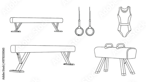 Gymnastics Essentials: A precise monochrome illustration showcasing essential gymnastics equipment, symbolizing athleticism and disciplined practice.