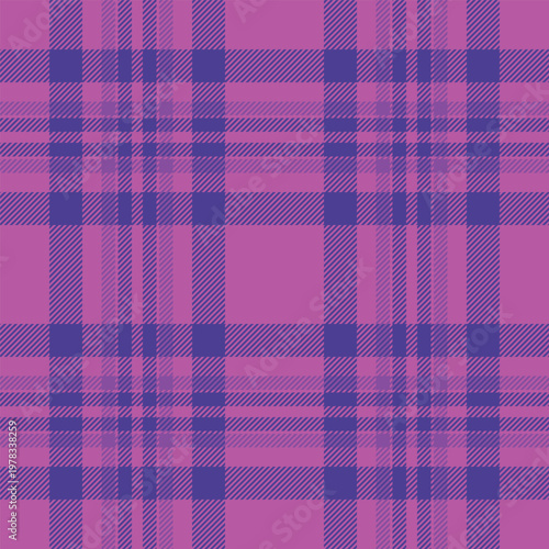 Smooth check background textile, graceful seamless pattern vector. Geometrical tartan plaid fabric texture in pink and indigo colors.