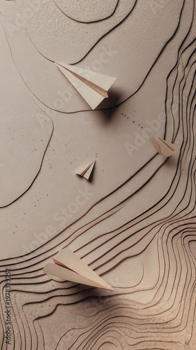 A top-down view of three paper airplanes on a textured, light brown topographical map model