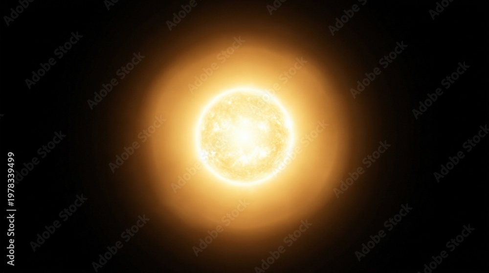Fototapeta premium A bright golden sun glow isolated in darkness, soft radiant halo and concentrated warm light with pure luminous clarity, ultra-realistic, no logos.
