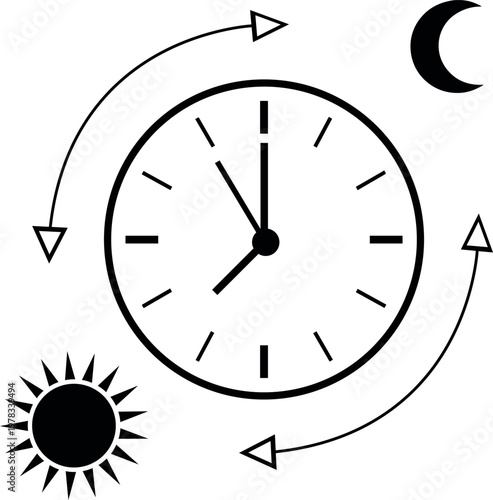 Time and day cycle concept with clock sun moon