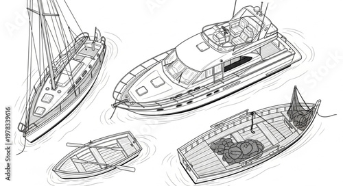 Collection of various boat sketches on water surface.