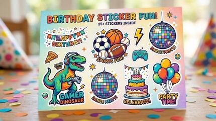 A birthday sticker set for kids and teens with gamer dinosaur, sports balls, disco ball, cakes and balloons, colorful party fun with modern retro flair, ultra-realistic, no logos.