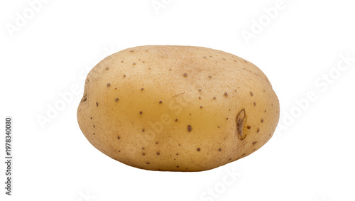 Single raw potato with brown skin and dark spots, isolated on transparent background