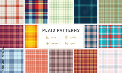 Plaid pattern set reflecting nostalgic craftsmanship. Suitable for retro visuals and heritage branding.