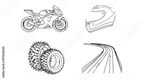 Motorcycle, Helmet, Tyre, Road: A graphical representation of motorcycle, along with its components, embodies the essence of speed, adventure and mobility. 