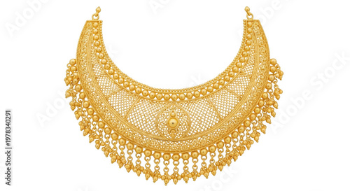 Traditional indian gold necklace with intricate filigree work and hanging beads isolated on transparent background