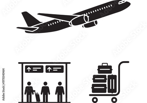 Airplane Takeoff Airport Travel Icons Passenger Luggage Flight Departure Transportation Illustration